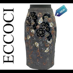 ECCOCI NWT Gray wool beaded sequin floral print pencil skirt size 0